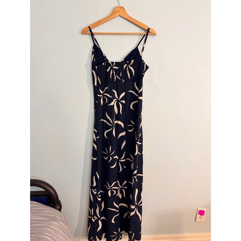 Navy Cream Floral Maxi Dress Small Strappy Smocked Back Coastal Boho Resortwear - Picture 2 of 9